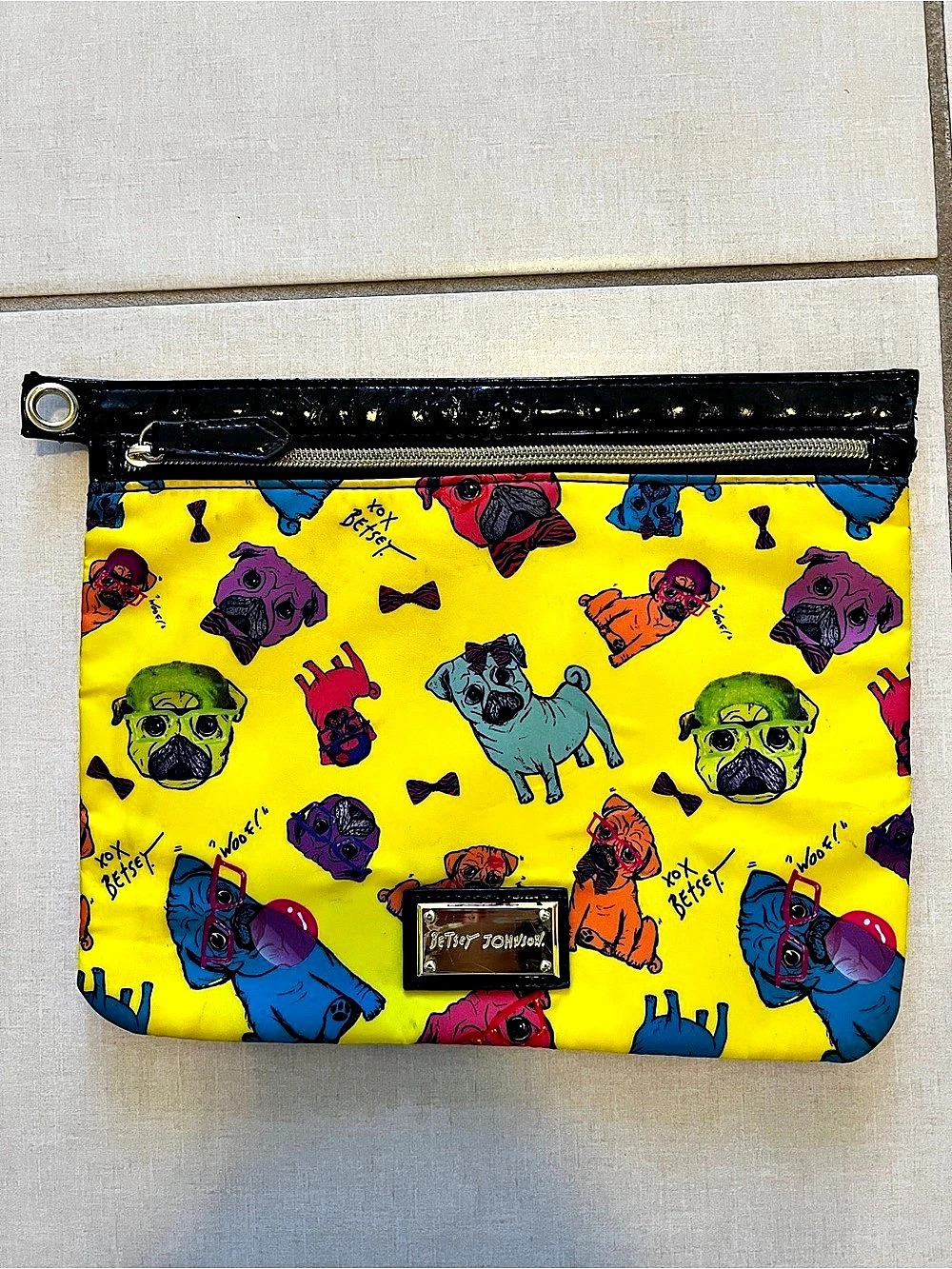 Betsey Johnson Nerdy Pugs Cosmetic Pouch / pencil case. Yellow & Black